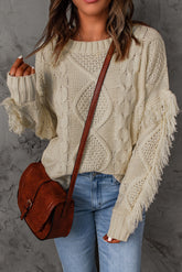 Pullover mit Zopfmuster und Fransenbesatz